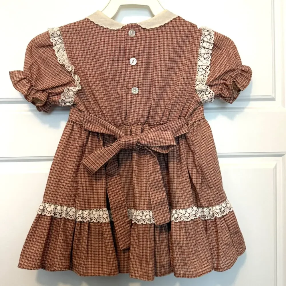 Vintage Nursery Rhyme Dress Plaid Lace Prairie Belk 24M 2T